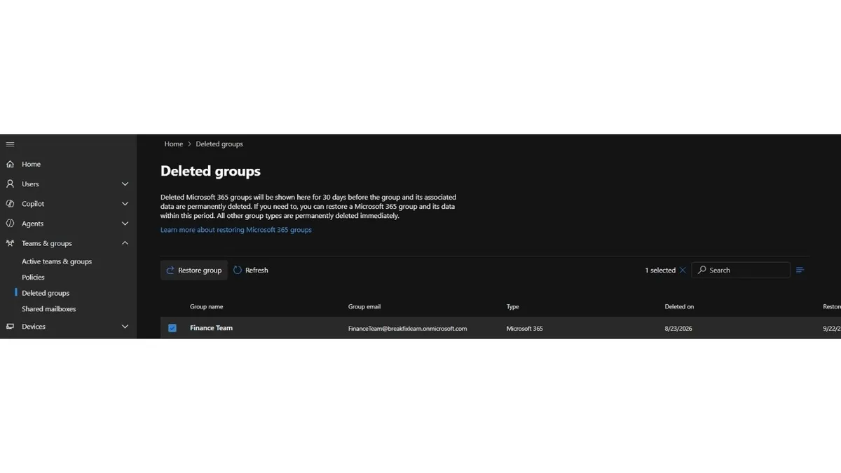 Microsoft 365 admin center Deleted groups page showing a Microsoft 365 group inside its 30-day recovery window