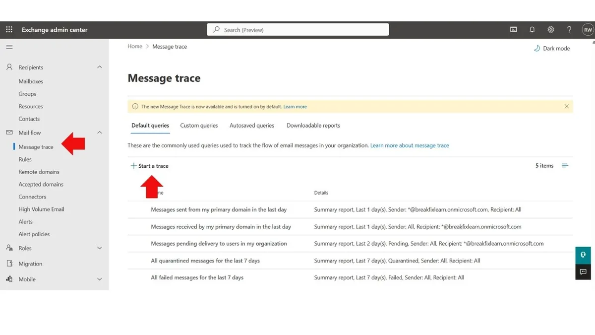 Exchange admin center Message trace page showing the default query templates for tracking mail flow