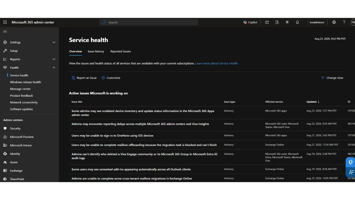 Microsoft 365 admin center Service health page listing active issues Microsoft is currently working on