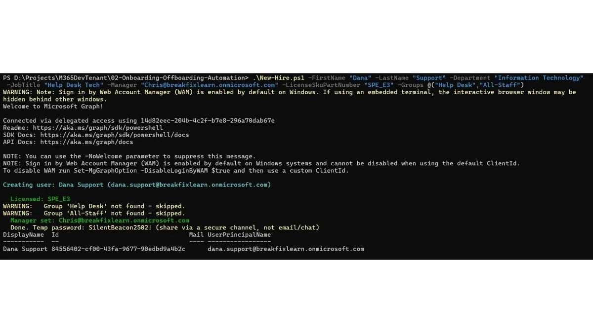 PowerShell terminal output showing New-Hire.ps1 successfully creating a new user, applying an SPE_E3 license, and setting their manager