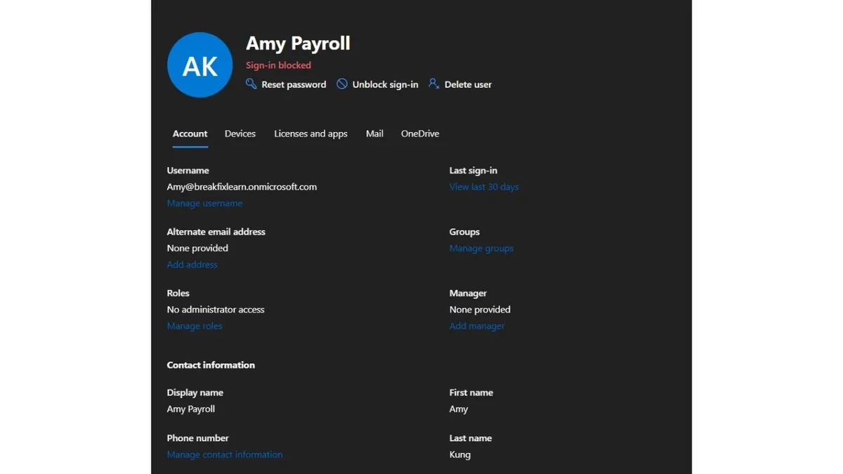 Microsoft 365 admin center user profile for an offboarded account showing Sign-in blocked status