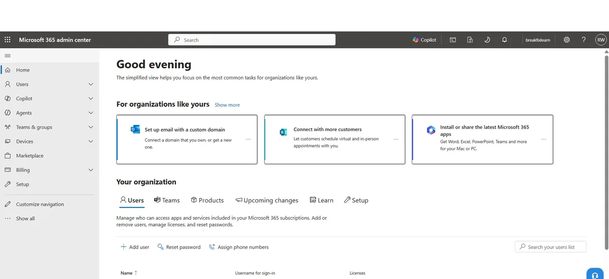 Microsoft 365 admin center guided setup screen for installing Office apps and personalizing the tenant domain
