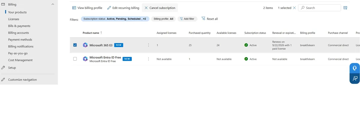 Microsoft 365 admin center Billing then Your products page showing the E3 trial subscription cancelled