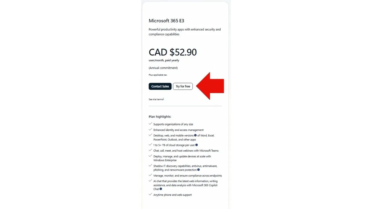 Microsoft 365 plans and pricing page with the Microsoft 365 E3 plan's "Try for free" button highlighted