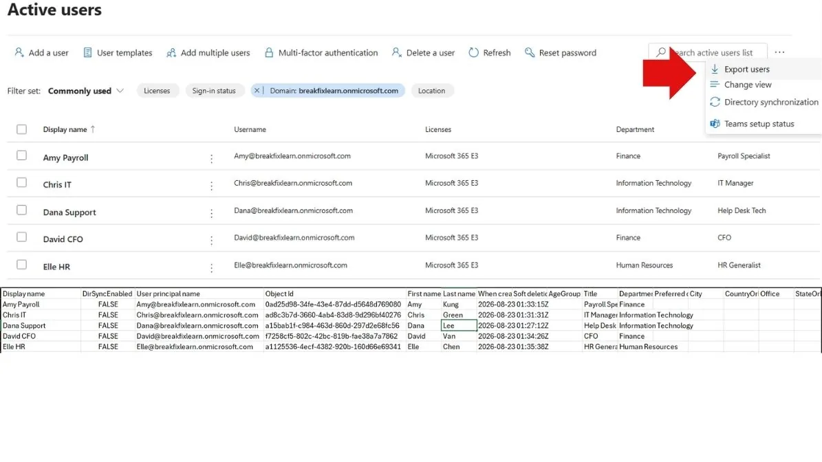 Microsoft 365 admin center Active users page with the Export users button highlighted