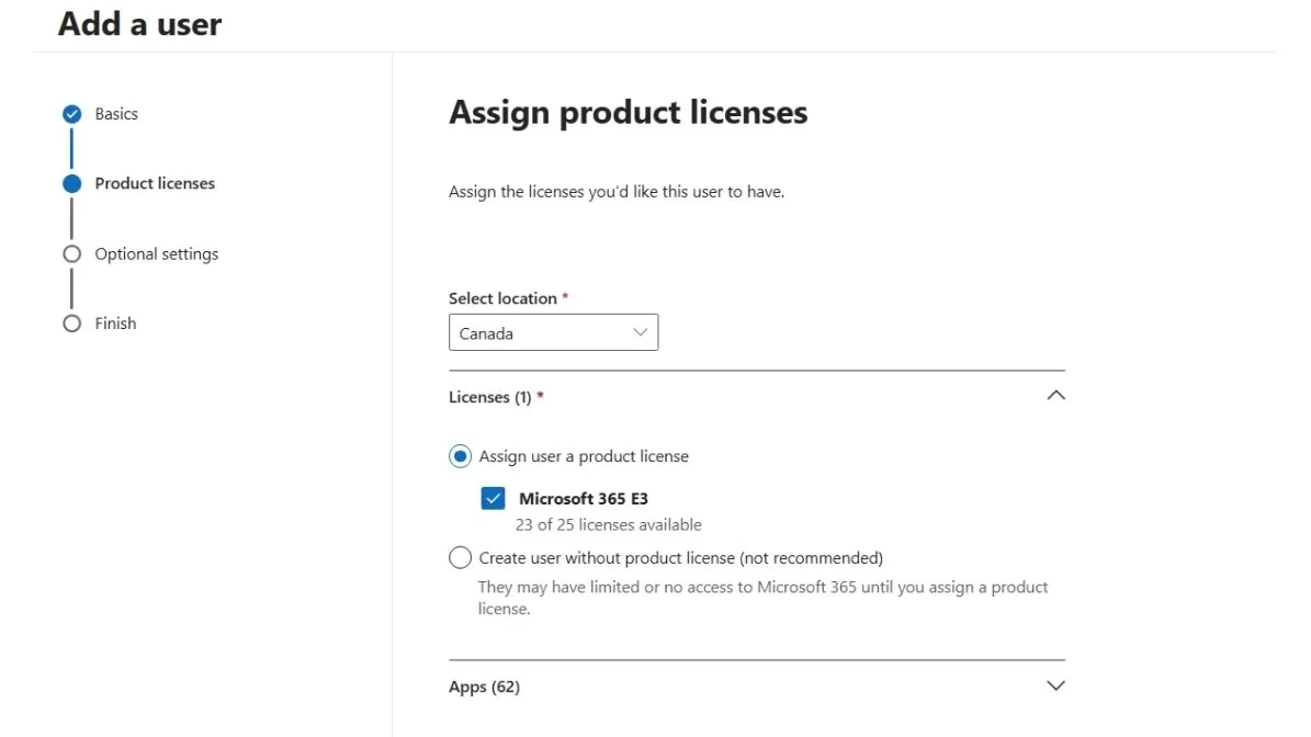 Microsoft 365 admin center license assignment screen for a test user account