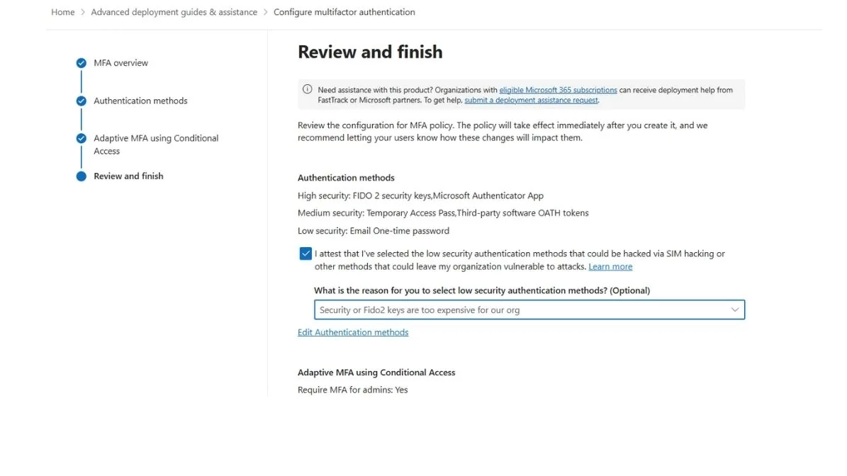 Microsoft 365 admin center Setup page with the Configure multifactor authentication option selected