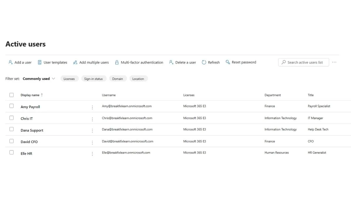 Microsoft 365 admin center Active users list showing five test accounts across IT, finance, and HR