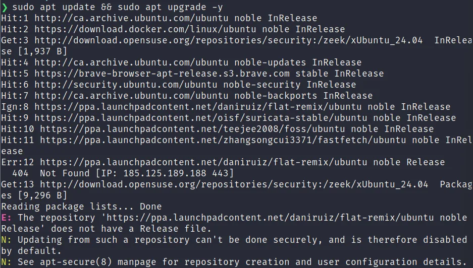 Terminal output of apt update showing a 404 Not Found error from the abandoned Flat Remix PPA, which does not have a release for Ubuntu 24.04
