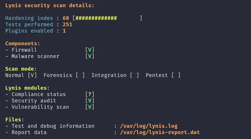 Lynis final security scan summary showing a hardening index of 68 out of 100, 251 tests performed, and the malware scanner component now installed and detected