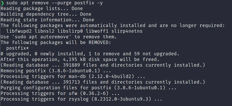 Terminal output of sudo apt remove --purge postfix, showing the unused mail transport agent being purged from the system