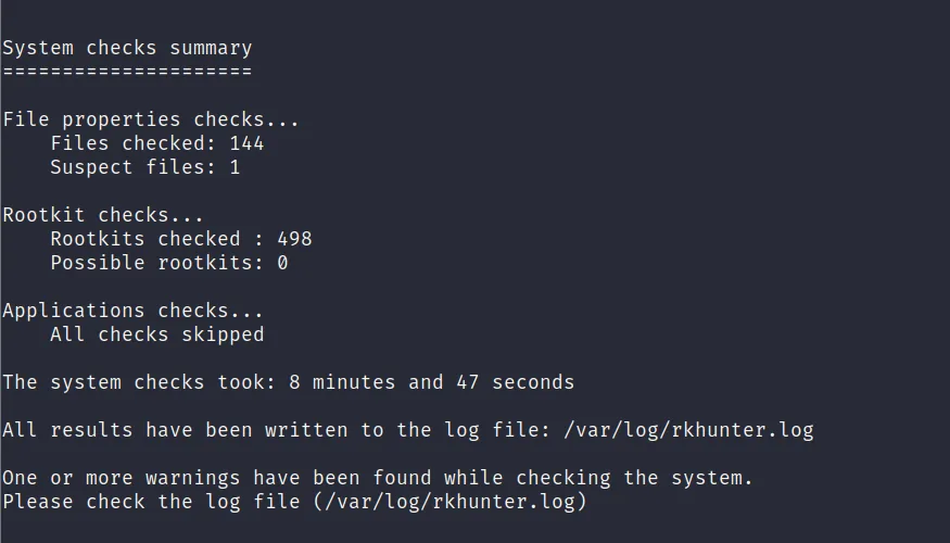 rkhunter system checks summary showing 144 files checked, 498 rootkits checked against, and zero possible rootkits found