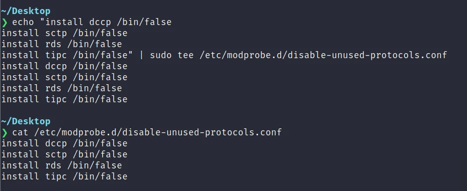Terminal output confirming /etc/modprobe.d/disable-unused-protocols.conf blocks the dccp, sctp, rds, and tipc kernel modules