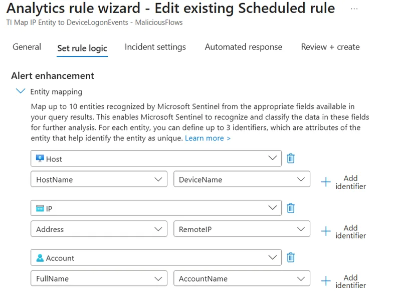 Microsoft Sentinel analytics rule wizard entity mapping tab mapping Host HostName to DeviceName, IP Address to RemoteIP and Account FullName to AccountName