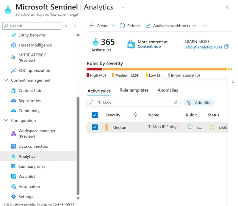 Microsoft Sentinel Analytics page filtered by the text TI Map in a workspace with 365 active rules