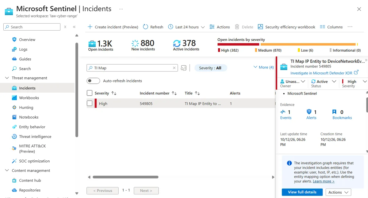 Microsoft Defender incident 549805 created from the TI Map outbound connection rule, severity High, status Active, unassigned, with one alert and one event