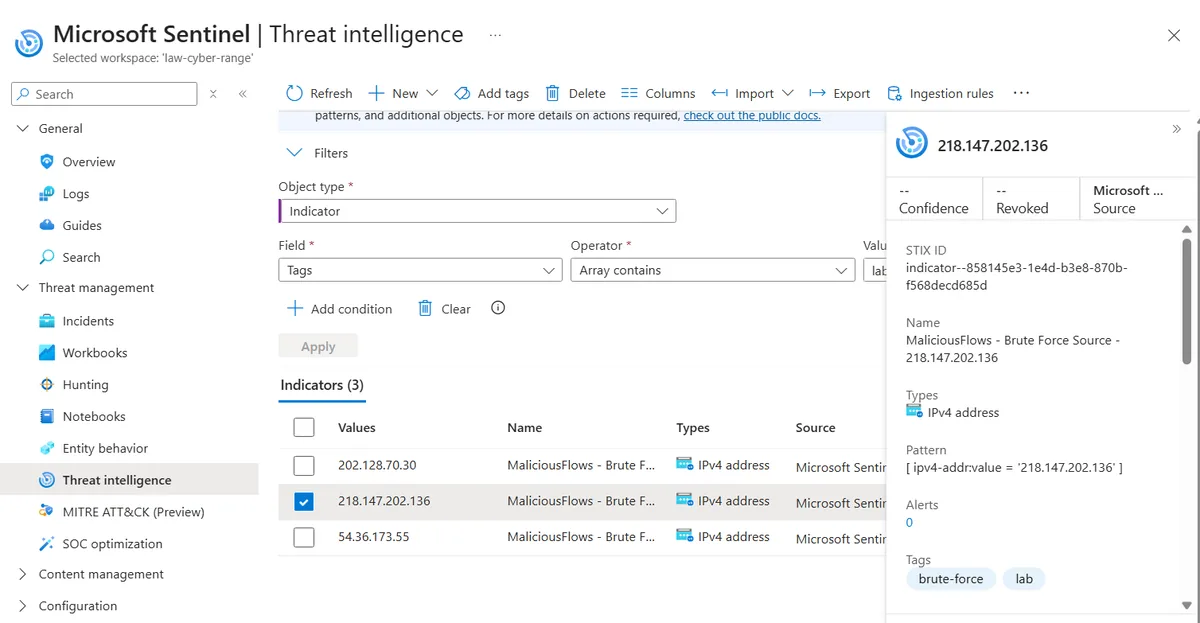 Microsoft Sentinel Threat intelligence page filtered by the lab tag showing three manually created MaliciousFlows brute force IPv4 indicators and the detail pane for 218.147.202.136