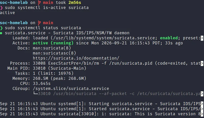 Terminal output of systemctl status suricata on the SOC VM, showing the service active and running since the engine started, with eve.json growing in the background