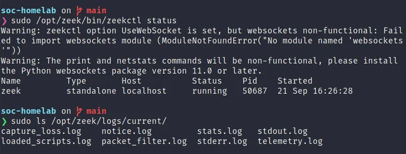 Terminal output of zeekctl status showing the standalone Zeek node running on soc-sensor, alongside a directory listing of the current log files it is writing