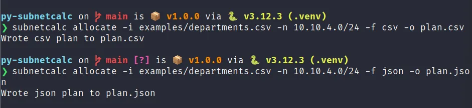 Terminal output showing the subnetcalc allocate command exporting the same VLSM plan to a CSV file and a JSON file