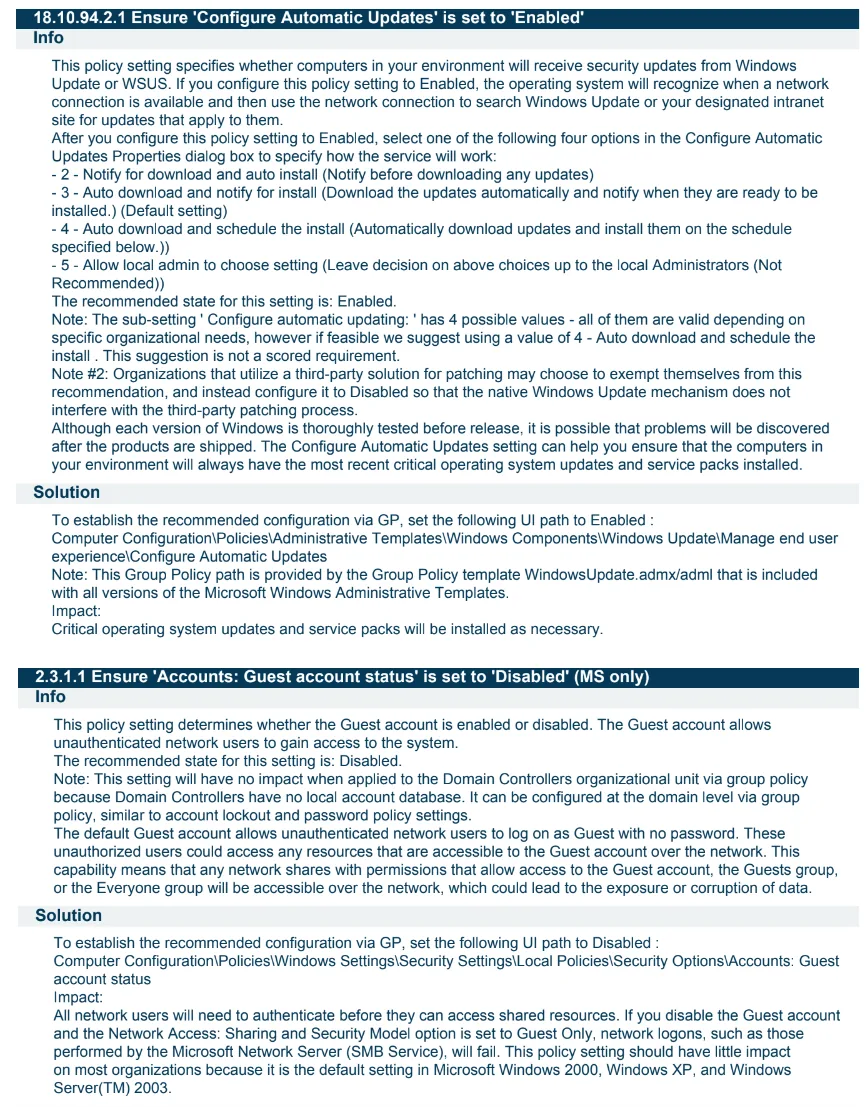 CIS Benchmark compliance audit results showing controls 18.10.94.2.1 (Configure Automatic Updates) and 2.3.1.1 (Guest account status) both failed