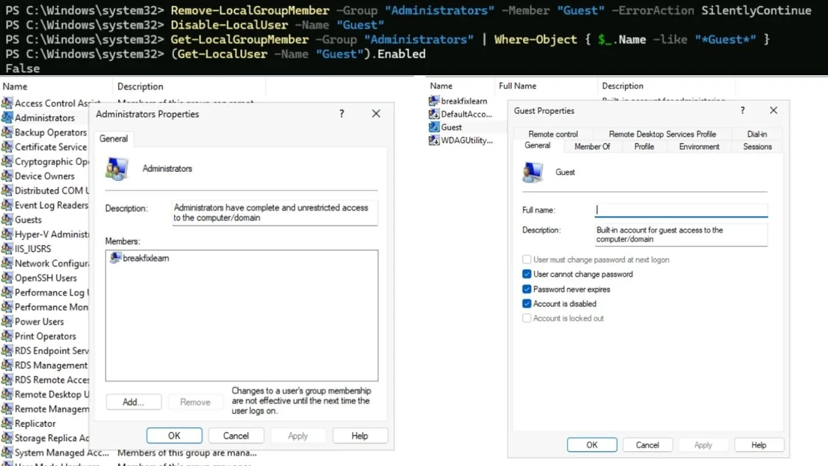 PowerShell and Windows admin center verification showing the Guest account removed and disabled after being found inside local Administrators