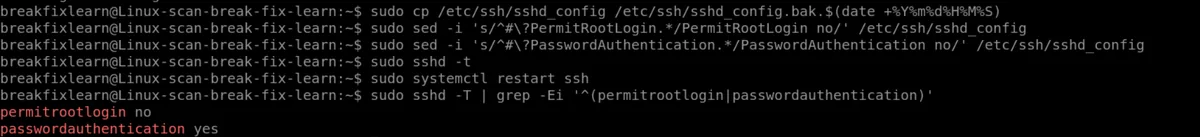Terminal output of the SSH root login hardening script: backing up sshd_config, editing it with sed, validating with sshd -t, and restarting sshd