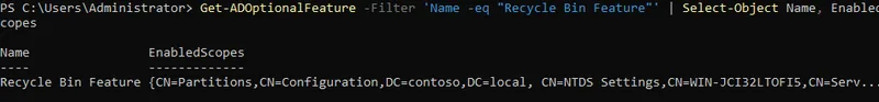 Get-ADOptionalFeature output showing the AD Recycle Bin Feature enabled with the domain's distinguished name listed under EnabledScopes