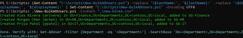 PowerShell console output from the bulk user provisioning script creating multiple Active Directory accounts from a CSV file, with printed temporary passwords redacted