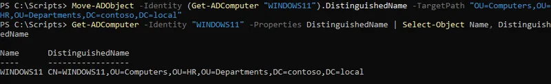 Active Directory computer object shown residing in the correct department Computers organizational unit after being moved from the default Computers container