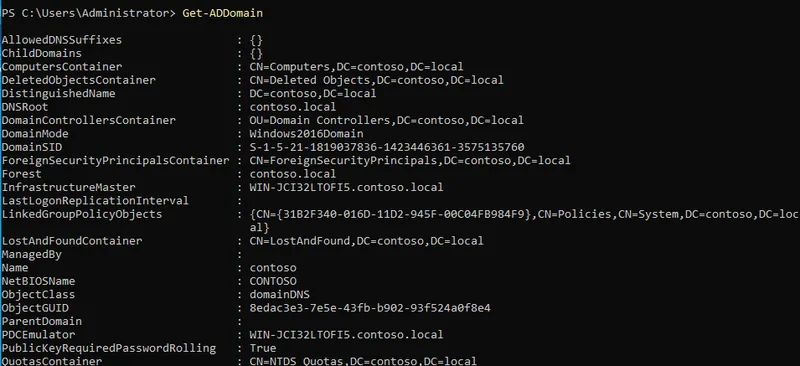 Get-ADDomain PowerShell output confirming the contoso.local forest and domain exist after promotion, showing NetBIOSName CONTOSO and DNSRoot contoso.local