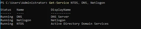 Get-Service output for NTDS, DNS, and Netlogon all showing a Running status on the newly promoted domain controller