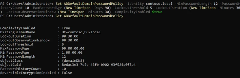 Get-ADDefaultDomainPasswordPolicy output showing a 12-character minimum password length and a lockout threshold of 5 failed attempts