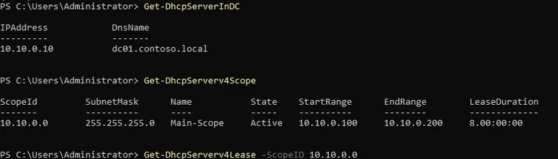 DHCP scope details for the 10.10.0.100 to 10.10.0.200 range with an active client lease shown under Get-DhcpServerv4Lease