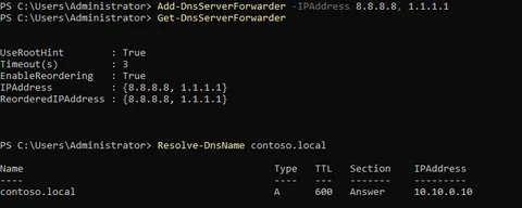 Get-DnsServerForwarder output showing 8.8.8.8 and 1.1.1.1 configured as public DNS forwarders on the domain controller