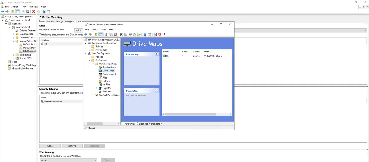 File Explorer on the domain-joined client showing the H drive automatically mapped to the HR-Share network path, including a Redirected-Documents folder from the folder redirection GPO