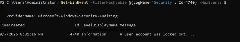 Windows Security event log entry for Event ID 4740, an account lockout event, showing the locked-out account name and source computer