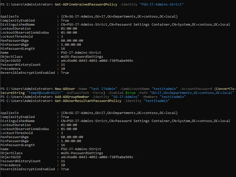 Get-ADUserResultantPasswordPolicy output for an SG-IT-Admins member showing a 16-character minimum password length, confirming the Fine-Grained Password Policy is winning over the domain default of 12
