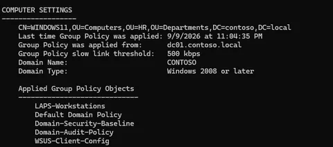 gpresult HTML report showing the full list of Group Policy objects applied to the client and logged-in user, all shown as Applied rather than Denied or Filtered