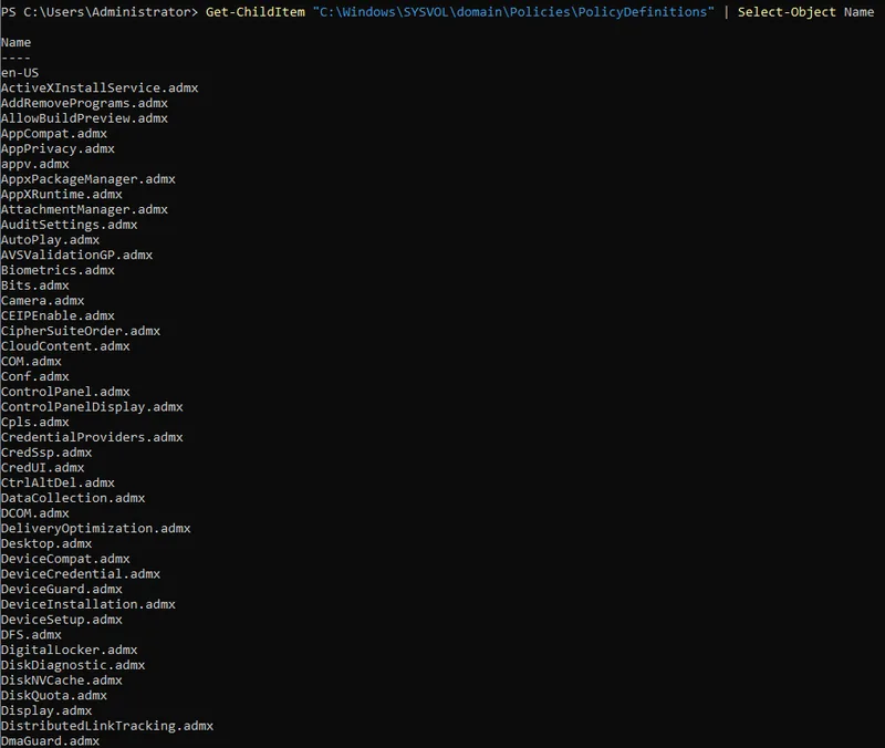 Directory listing of the PolicyDefinitions folder under SYSVOL showing ADMX files and the en-US language folder populated in the Group Policy Central Store