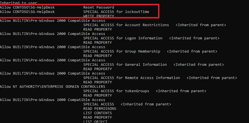 dsacls output on the IT organizational unit showing the SG-HelpDesk group granted the Reset Password extended right and write access to the lockoutTime attribute
