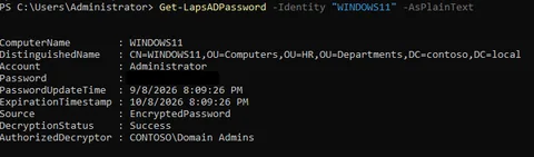 Get-LapsADPassword PowerShell output for the domain-joined Windows 11 client showing a successful decryption status and an expiration timestamp roughly 30 days out, with the actual password value redacted