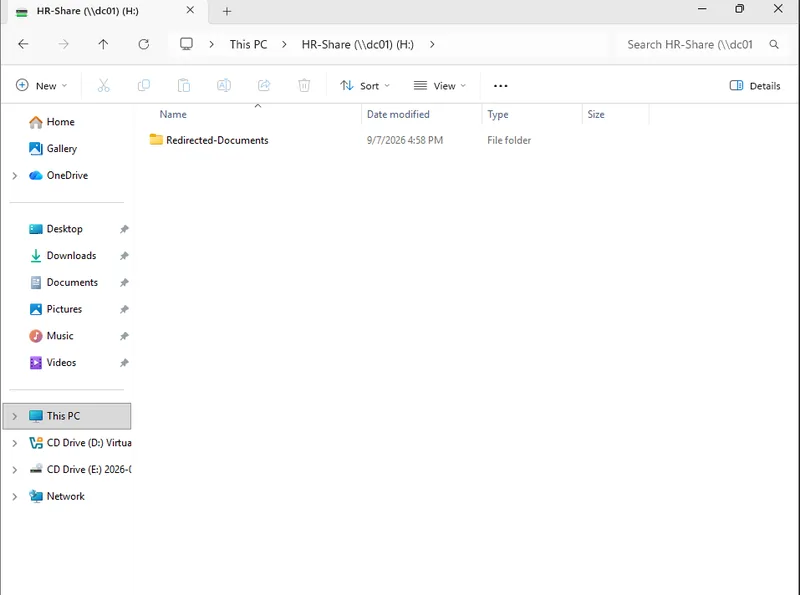 File Explorer showing an HR user account successfully browsing the HR-Share network drive mapped to H, confirming NTFS and share permissions grant access as intended