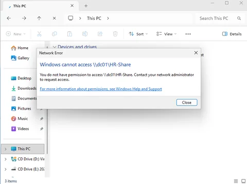 Windows access denied error when a non-HR domain user account attempts to browse the HR-Share network path directly, confirming NTFS permissions correctly block access outside the HR group