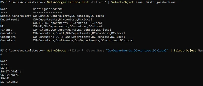 PowerShell output listing the IT, HR, and Finance organizational units with their Computers sub-OUs, and the SG-IT, SG-IT-Admins, SG-HelpDesk, SG-HR, and SG-Finance security groups in Active Directory