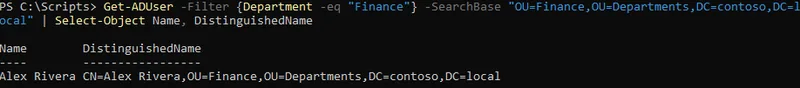 Get-ADUser filter output confirming a newly provisioned account landed in the correct department organizational unit with the correct department attribute set