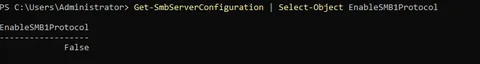Get-SmbServerConfiguration output on the domain-joined client showing EnableSMB1Protocol set to False after the security baseline GPO applied