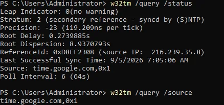 w32tm query source output on the domain controller confirming it is syncing from an external NTP time source rather than the local hypervisor clock