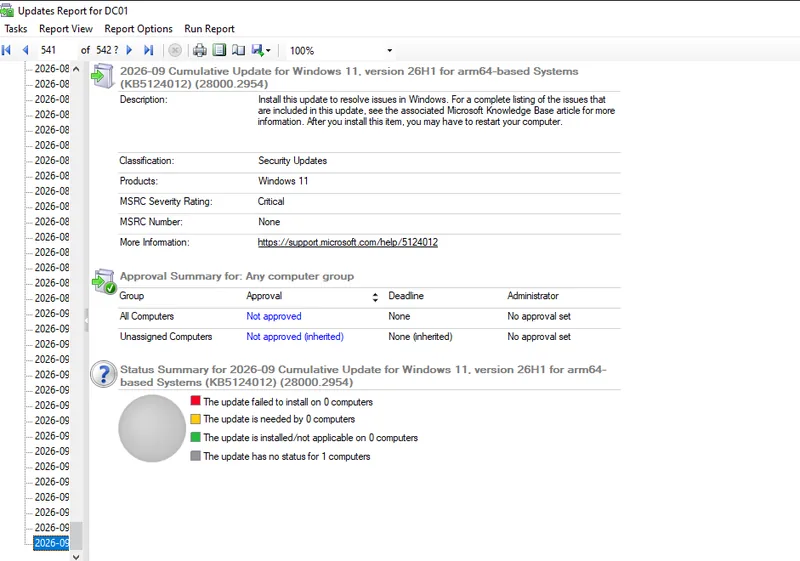 WSUS Update Status Summary compliance report showing approval and installation status broken down by update for the test group