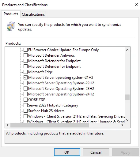 WSUS console Products and Classifications page after the initial catalog sync, with Windows 11 and Microsoft Server operating system-21H2 available for selection
